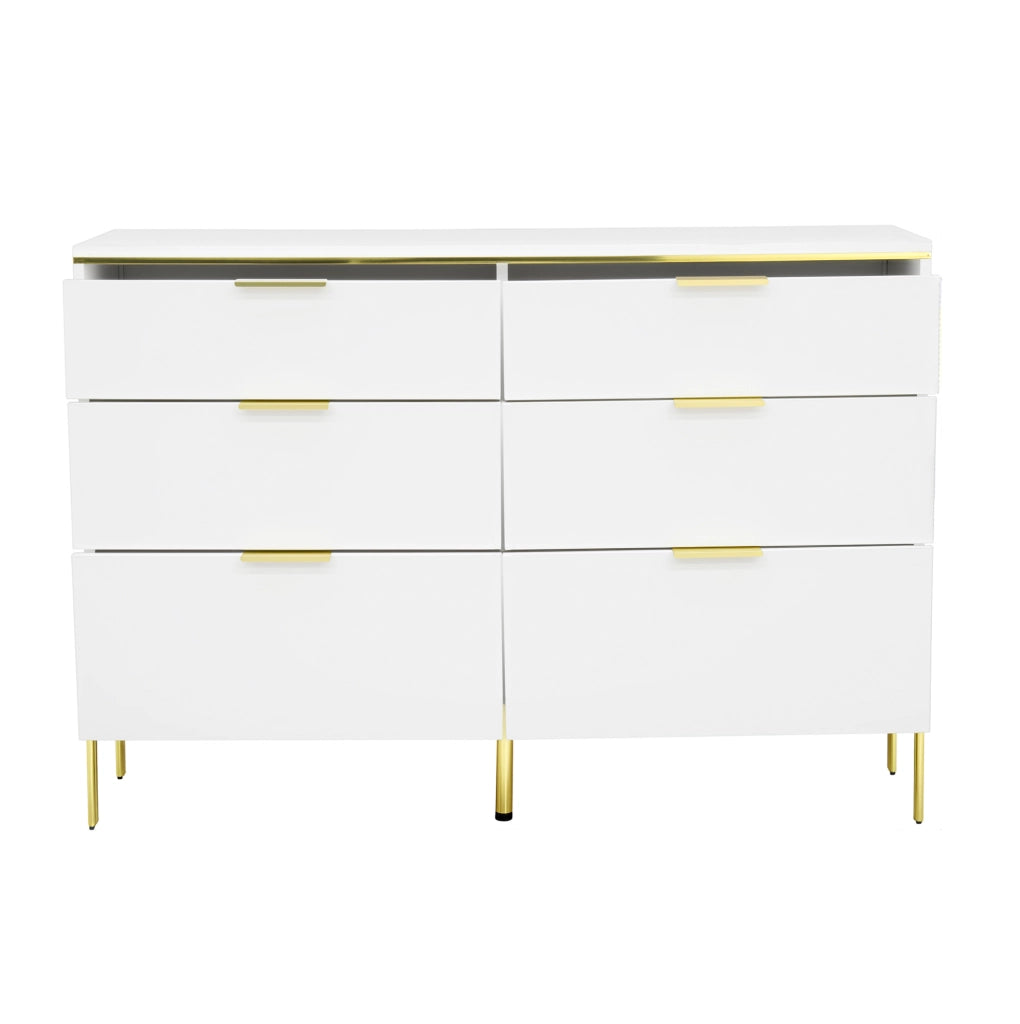 Credenza moderna 120 cm bianca e oro con 6 cassetti