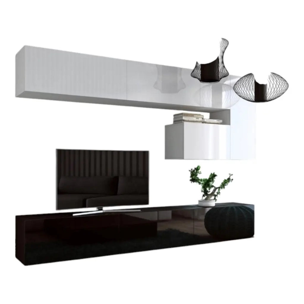 Set di mobili per soggiorno sospesi bianchi e neri, collezione CEPTO XV. 249 cm, 8 pezzi, con LED.