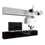 Set di mobili per soggiorno sospesi bianchi e neri, collezione CEPTO XV. 249 cm, 8 pezzi, con LED.