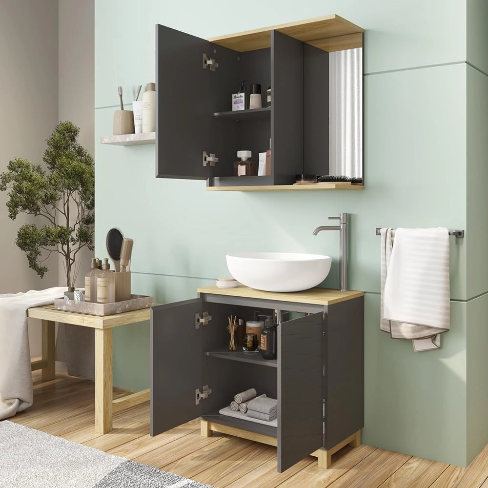 Set di mobili da bagno Livia, Antracite/quercia, 2 parti