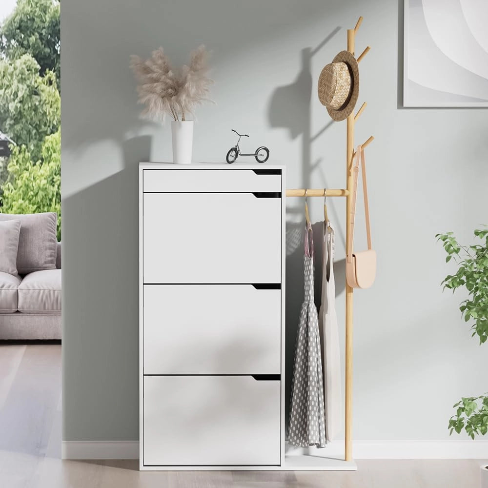 Armadio per le scarpe Ivo, Bianco, 90 x 181.5 cm con 3 scomparti, 1 cassetto, per riporre scarpe e accessori nell’ingresso