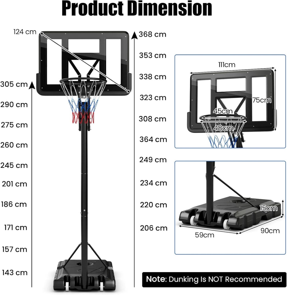Canestro Basket per Esterno in PE, 10 Livelli di Altezza Regolabile 143-305 cm, Supporto da Basket Portatile con Ruote, Base, Pallacanestro per Interni, per Bambini e Adulti