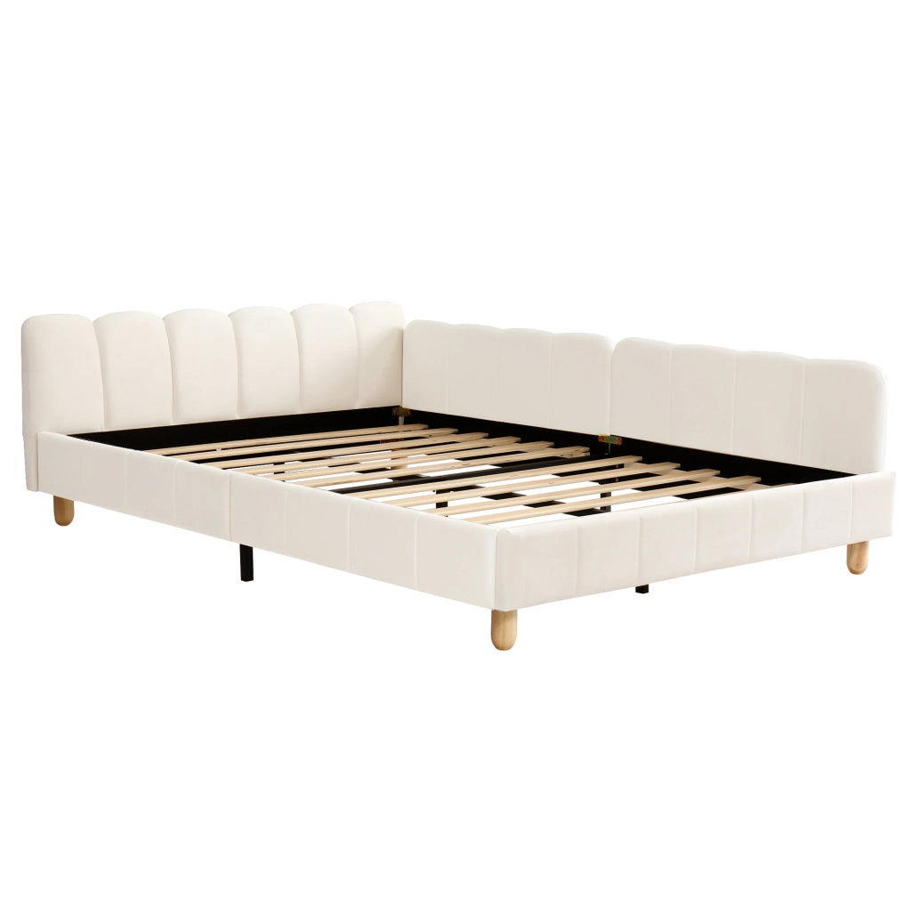 Letto imbottito per bambini con testiera ergonomica e tasche laterali in velluto beige
