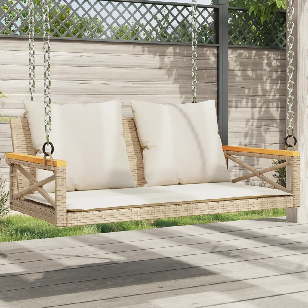 Panca da Giardino | Panchina a Dondolo con Cuscini Beige 109x62x40 cm in Polyrattan