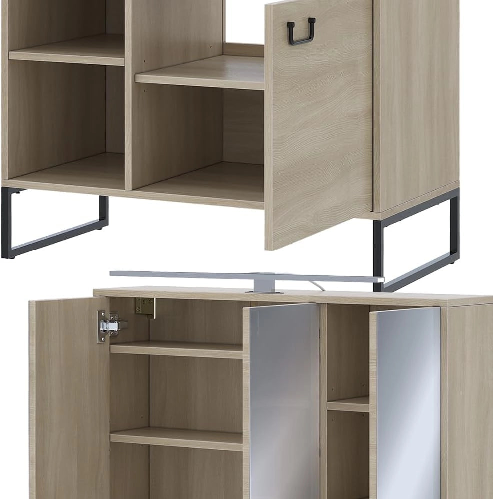 Set di mobili da bagno Vionna, Quercia/nero, 80 cm, composto da mobile sottolavabo, specchiera e mobile medio