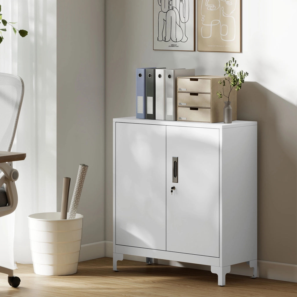Mobile da Ufficio Portadocumenti con 3 Ripiani, 2 Ante e Chiavi, 80x35x91 cm, Bianco