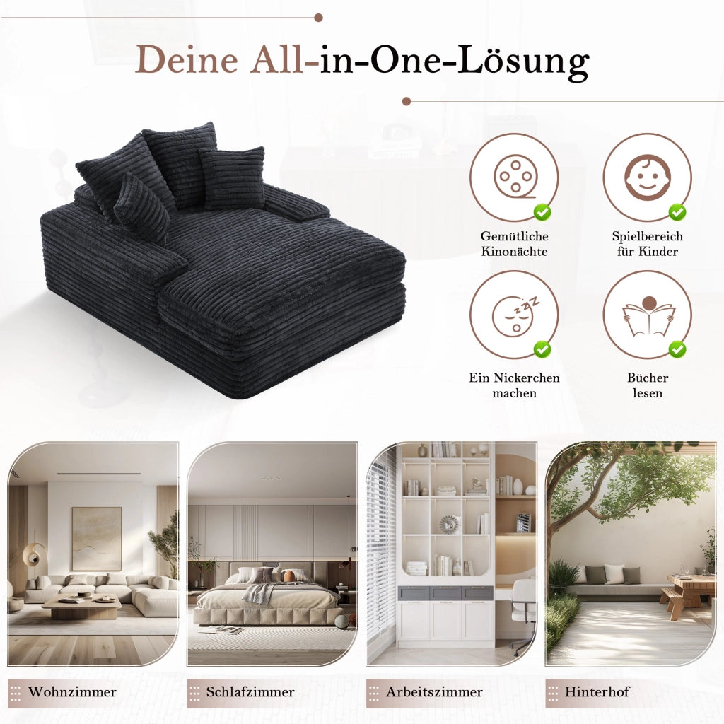 Méridienne in velluto a coste ergonomica senza montaggio con imbottitura in memory foam e 4 cuscini sfoderabili grigio