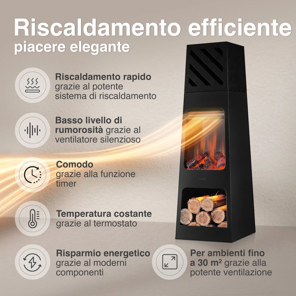 KAMINIO Caminetto elettrico da giardino KAI XL - Stufa de terrazzo  elettrico con riscaldamento, effetto fiamma 3D, luce ambiente a LED, scomparto de legno, telecomando - X-Large, Nero