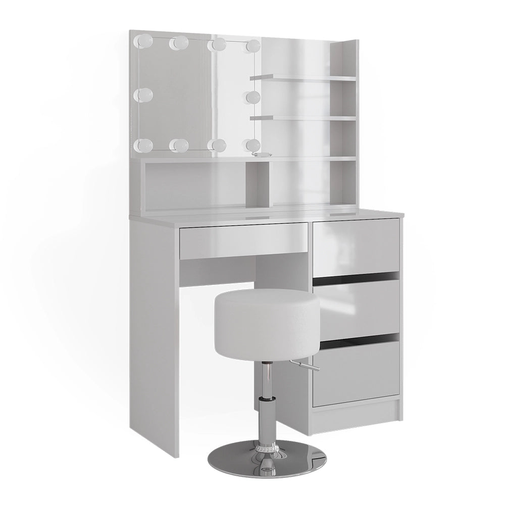 Vicco Tavolo da toeletta Bianco 90 cm con illuminazione a LED, sgabello e ripiano a specchio