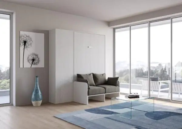 Letto una piazza e mezzo a scomparsa 120 Kentaro con divano e colonna bianco frassino, grigio