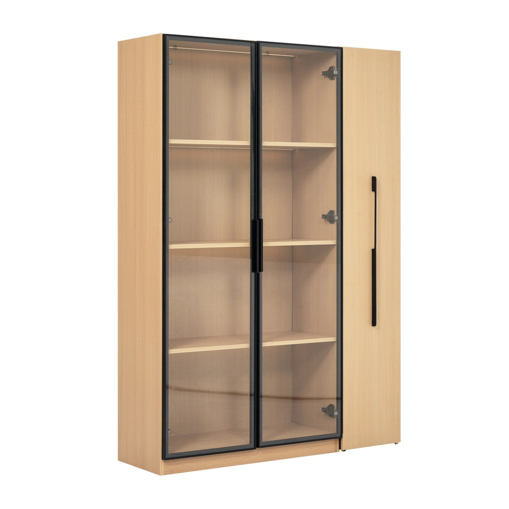 Armadio multifunzione 110,5×35×160 cm con vetrina in vetro e LED, scaffale laterale estraibile, rovere