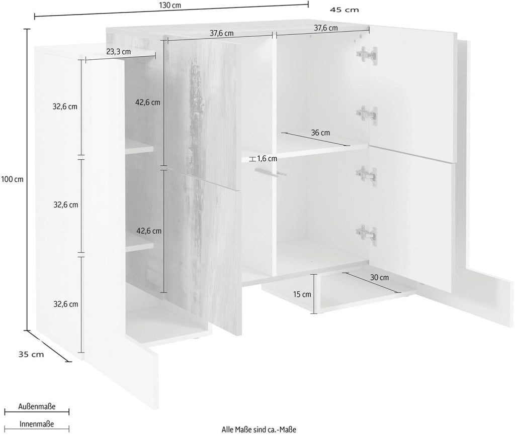 Credenza con 6 Ante 130x45x100 cm Pillon High 2A 4A Bianco Lucido/Acero Pereira
