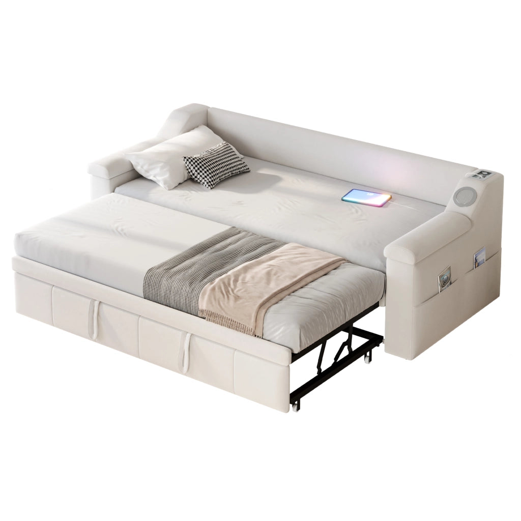 OKWISH Letto a Scomparsa 90×190 cm, Letto Singolo con Bluetooth, USB, Vani Portaoggetti e Braccioli, senza Materasso, Beige