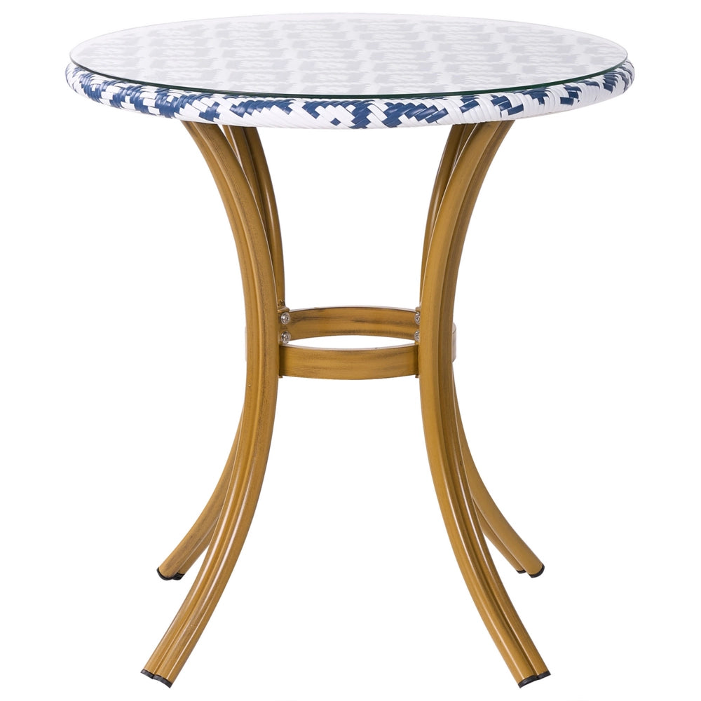 Tavolo da giardino Piano in rattan sintetico Blu e Bianco ø 70 cm Struttura in Vetro e Alluminio