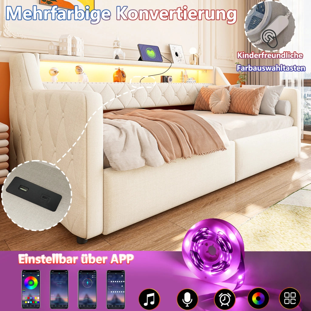 LETTO 90x200 cm con LED e contenitore idraulico, lino beige, USB e Tipo C