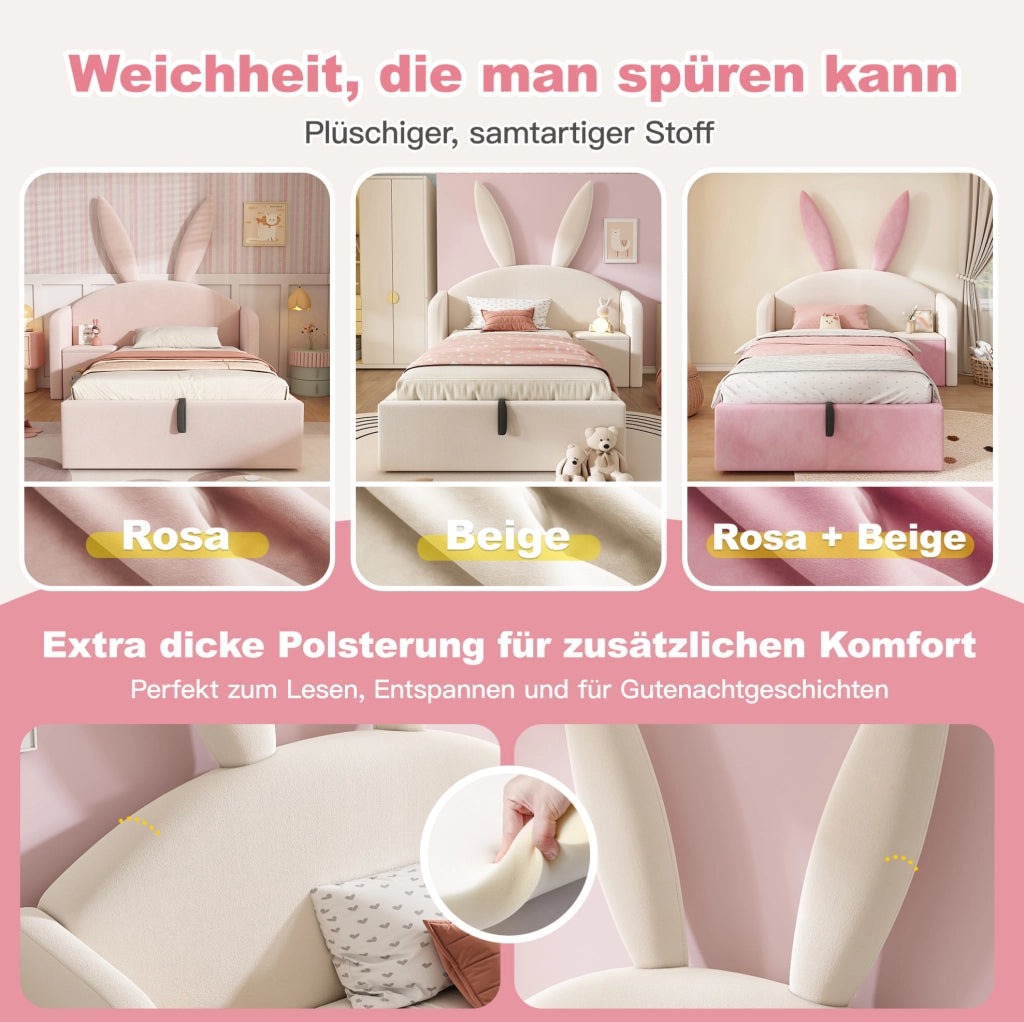 Letto per bambini 90x190 cm in velluto beige con testiera a coniglietto; contenitore e comodino