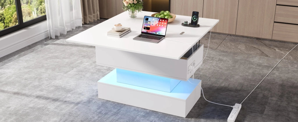 TAVOLO da caffè sollevabile 100x50x51,5 cm Bianco con presa USB-C