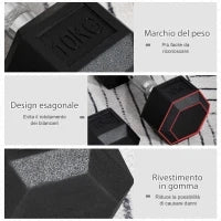 Set 2 Manubri Esagonali da 10kg in Metallo e Gomma per Workout in Palestra, Casa e Ufficio, Nero