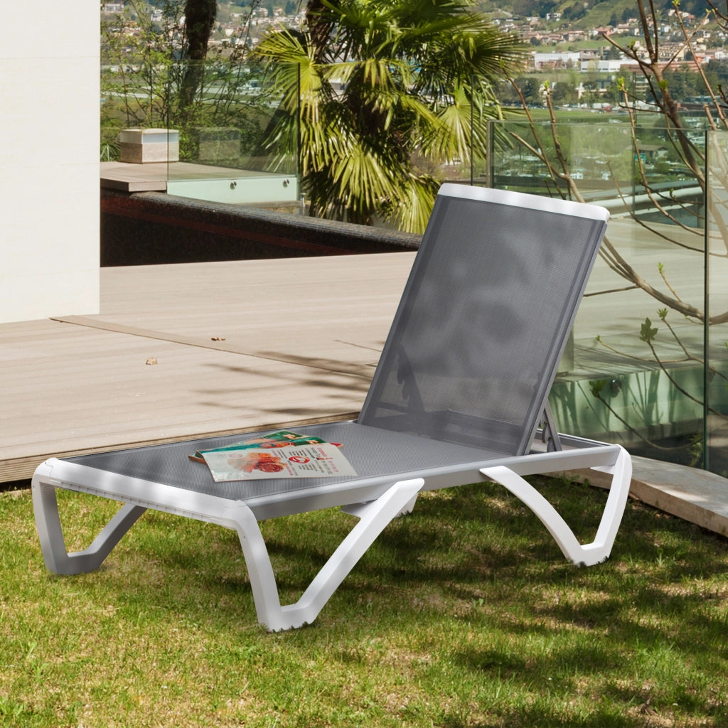 Lettino Prendisole con Schienale Reclinabile e Rotelle Posteriori, 195x67.5x33 cm, Grigio e Bianco