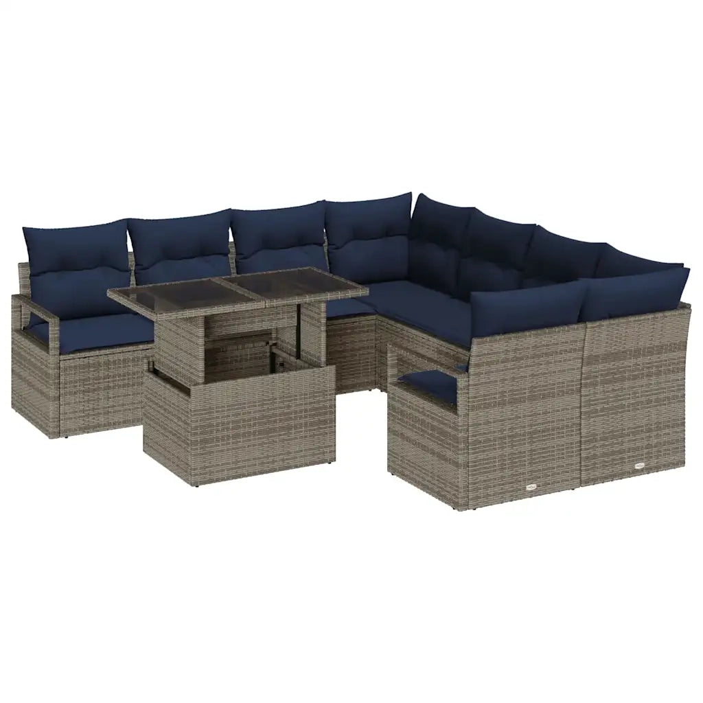 Set Divano da Giardino 9 pcs Grigio e Blu Navy polyrattan