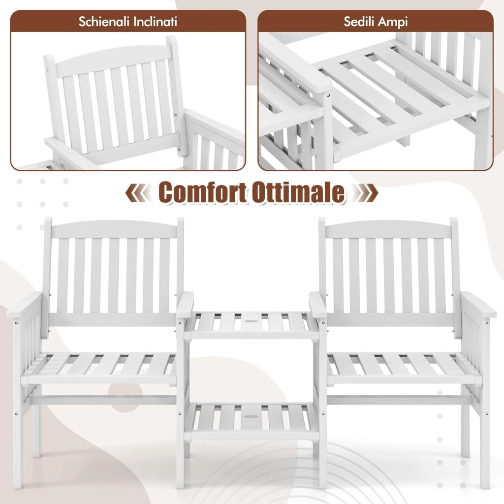 Set Tavolo e Sedie da Giardino con Foro per Ombrellone, Set di Mobili a 2 Posti in Legno Abete, Tavolino a 2 Ripiani, Sedia Portata 150 kg, Tavolino Portata 30+30 kg