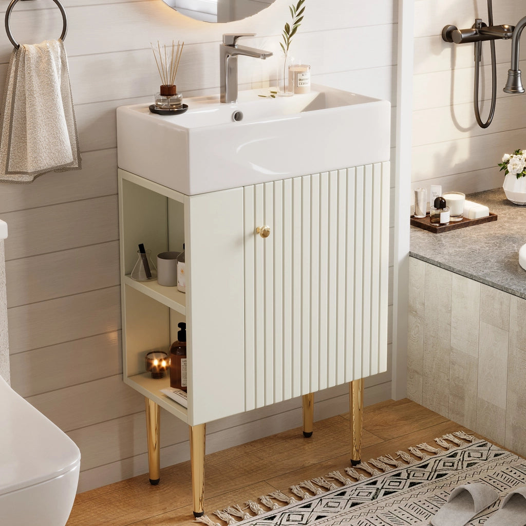 Mobile sottolavabo con lavabo in ceramica e ripiani laterali, per bagni piccoli, bianco, 68,5 × 52,6 × 32,28 cm