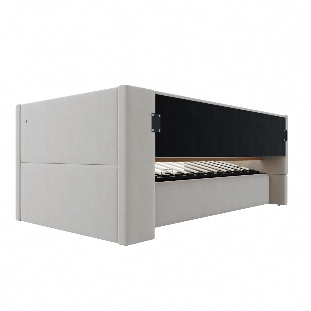 Letto imbottito, divano letto idraulico 90x190 cm, luci a LED, presa di corrente, vano portaoggetti, grigio chiaro