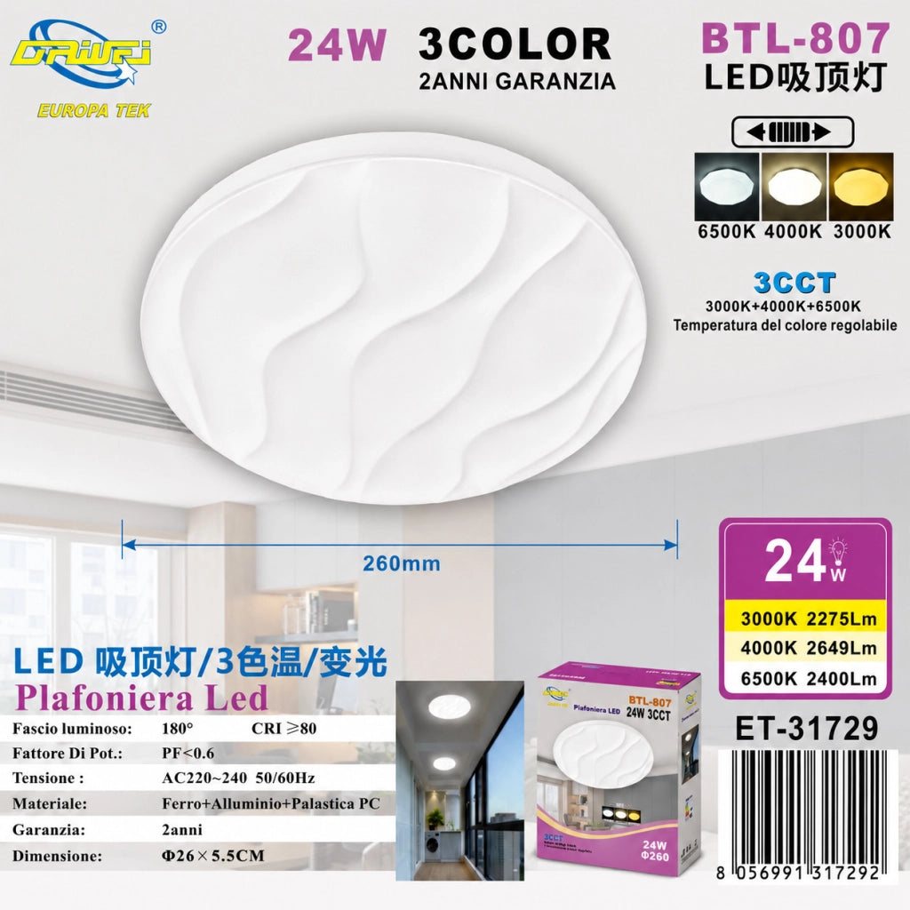 PLAFONIERA LED 24W 3CCT 26CM LAMPADA SOFFITTO LUCE 3000K 4000K 6500K ET-31729