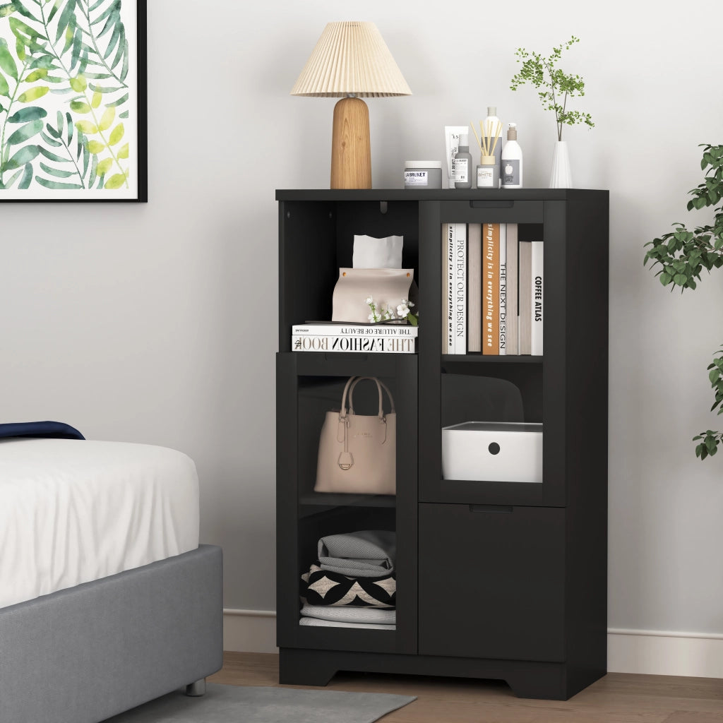 OKWISH Credenza Contenitore con 2 Ante in Vetro, 2 Ripiani Regolabili e 2 Vani Aperti, per Soggiorno, MDF, Nero