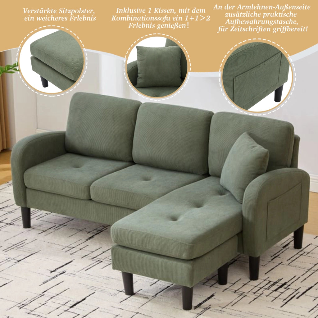 Divano angolare reversibile 3 posti con chaise longue modulare per soggiorno, in corda e schiuma, Verde