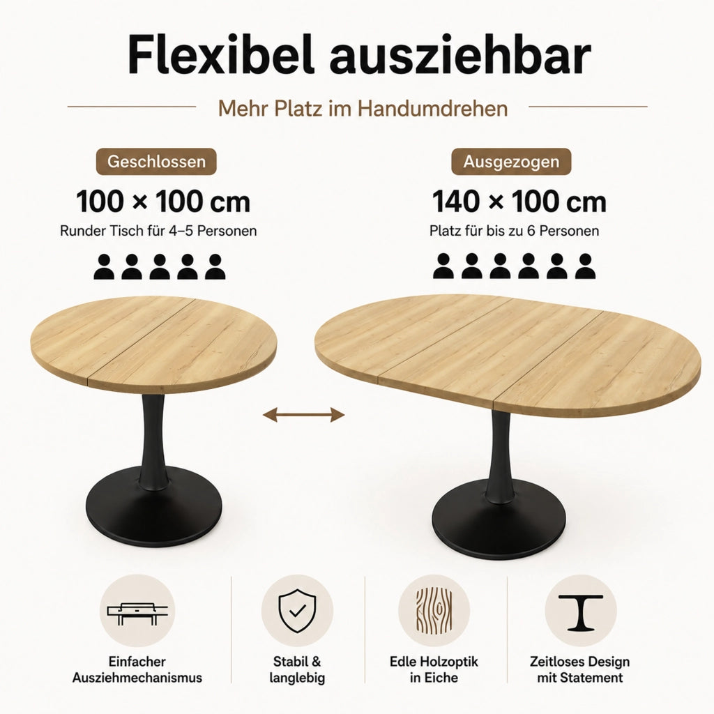 Tavolo da pranzo - ovale estraibile - 100/140x100x75 cm - stile moderno - rovere - per sala da pranzo