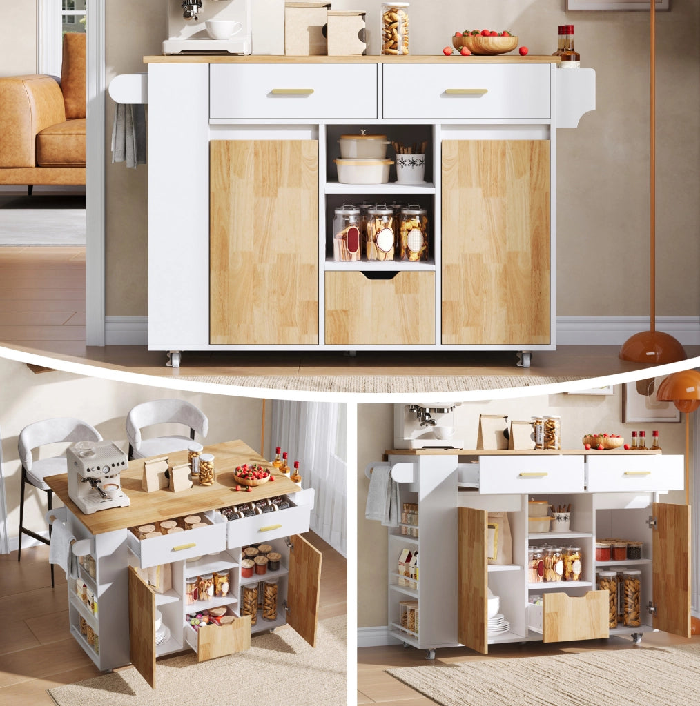 Isola da cucina mobile con piano pieghevole e cassetti