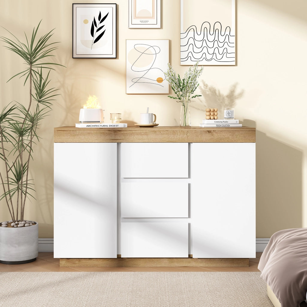 Cassettiera con 3 Cassetti e 2 Ante; Ampio Spazio Contenitivo; Stile Classico; in Pannello Truciolare; Bianco e Rovere