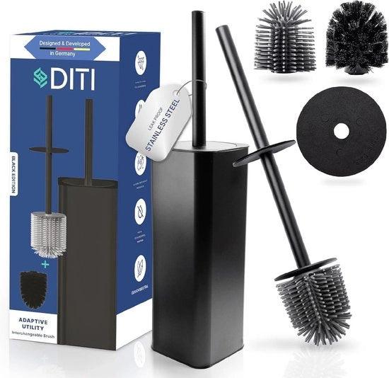 Asciugamano per il water, set di 2 teste di spazzola, con custodia e protezione per lo sciacquio, in acciaio inossidabile, con manico in silicone nero.