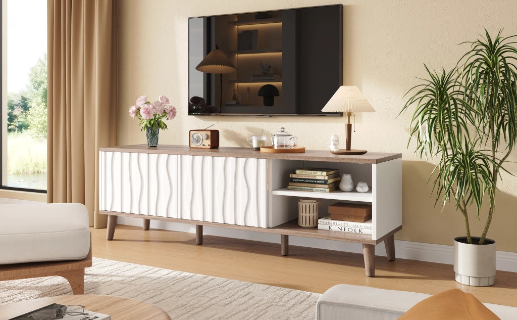 Cassettiera per TV bianca e noce scuro in MDF e truciolare; lunghezza 160 cm