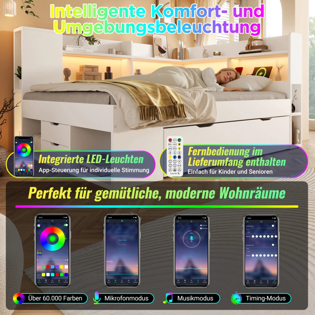 Letto singolo 90x200 cm con LED; USB e USB-C; cassetti e ripiani in MDF; bianco