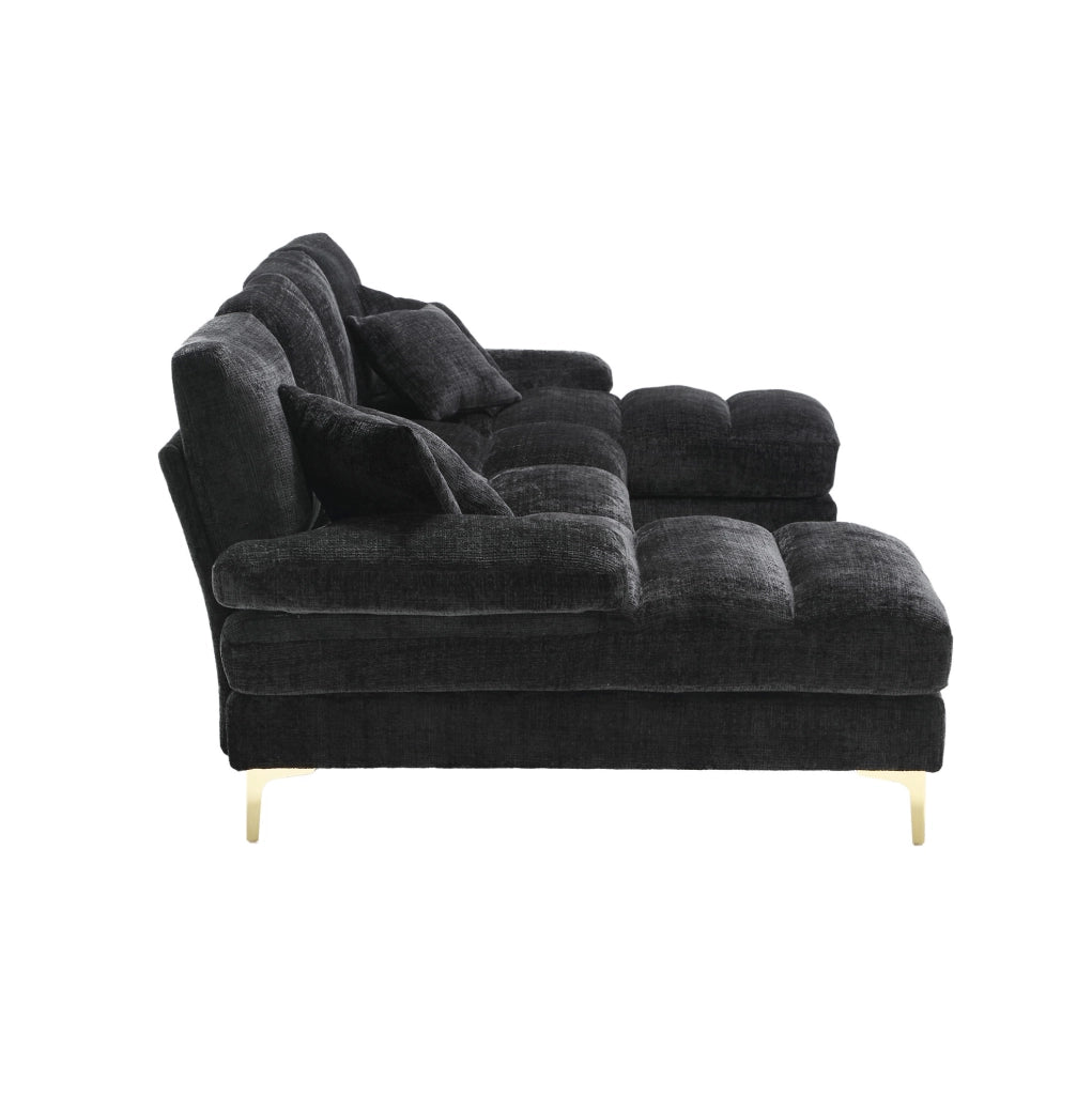 Divano a U 272x136x88 cm con due chaise longue in chenille nero
