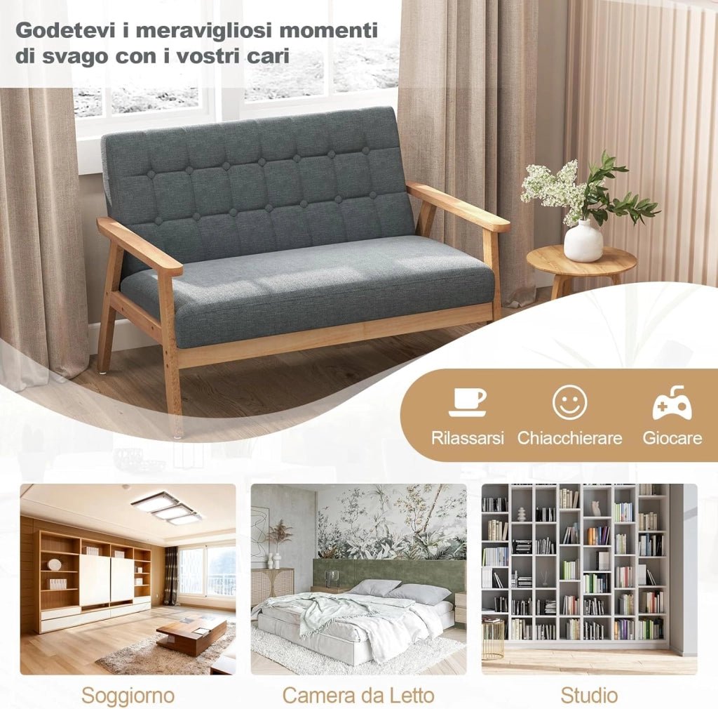Divano a 2 Posti in Lino, Panchina Imbottita con Cuscini e Struttura in Legno di Gomma, Divano per Soggiorno, Camera da Letto, Studio