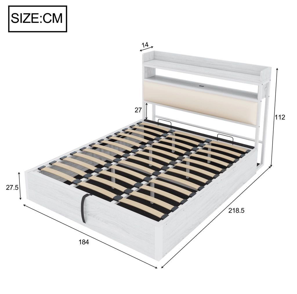 Letto matrimoniale 180x200 cm con contenitore; sollevamento idraulico; USB; testiera imbottita bianco