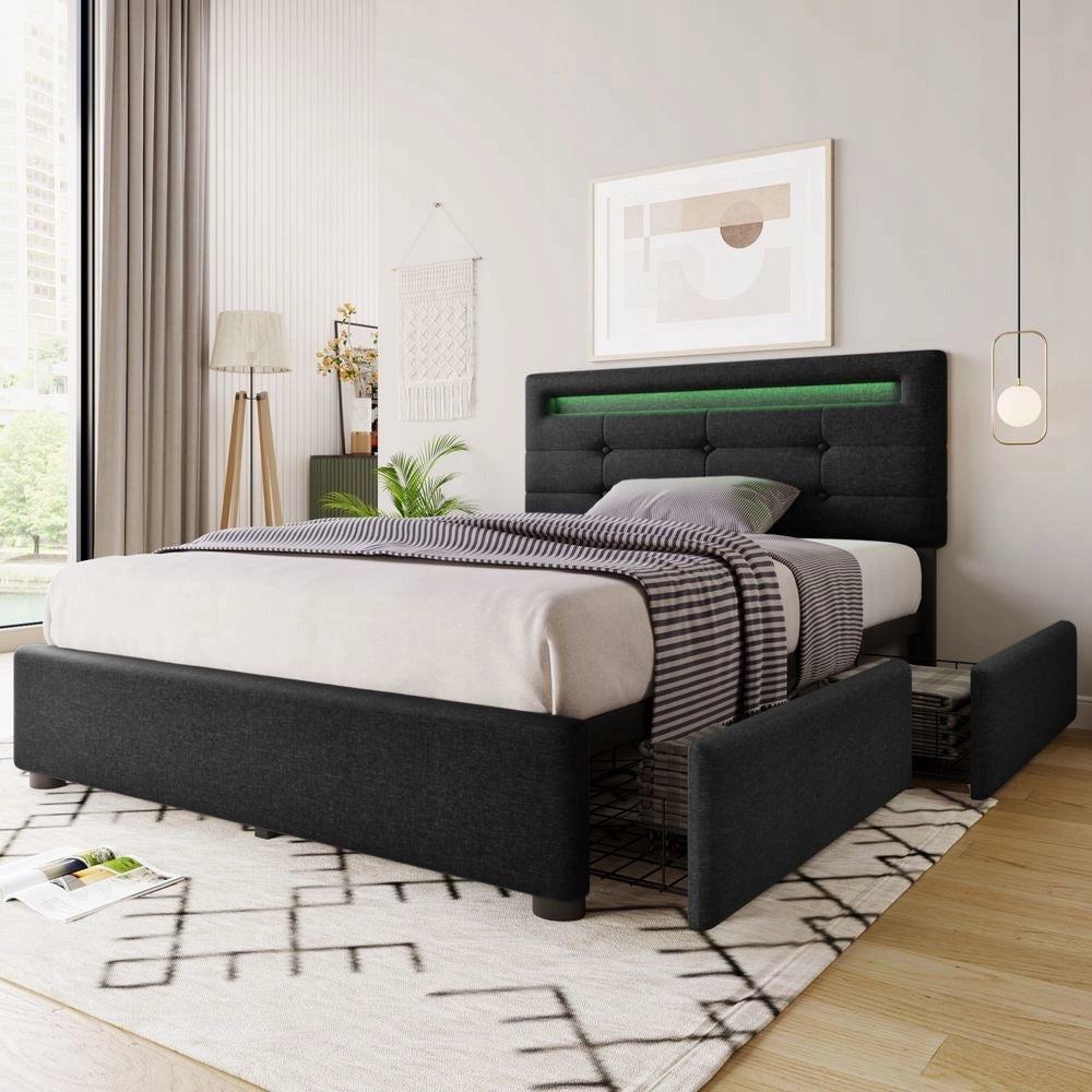 Letto con cassettoni e luci LED - Xylo - 90x200 cm - Nero