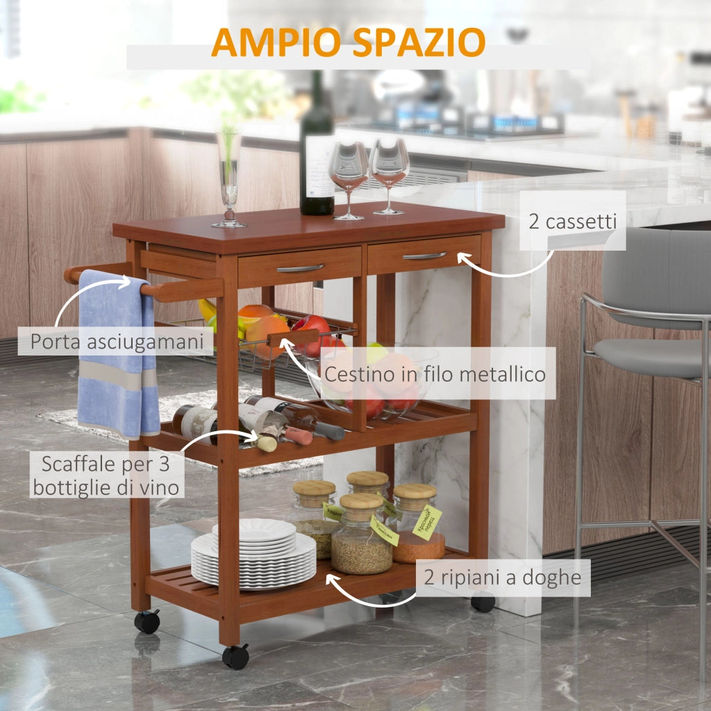 Carrello da Cucina in Legno di Pino ¨C Xylo ¨C Portabottiglie 2 Ripiani 2 Cassetti 84.5x37.2x85cm