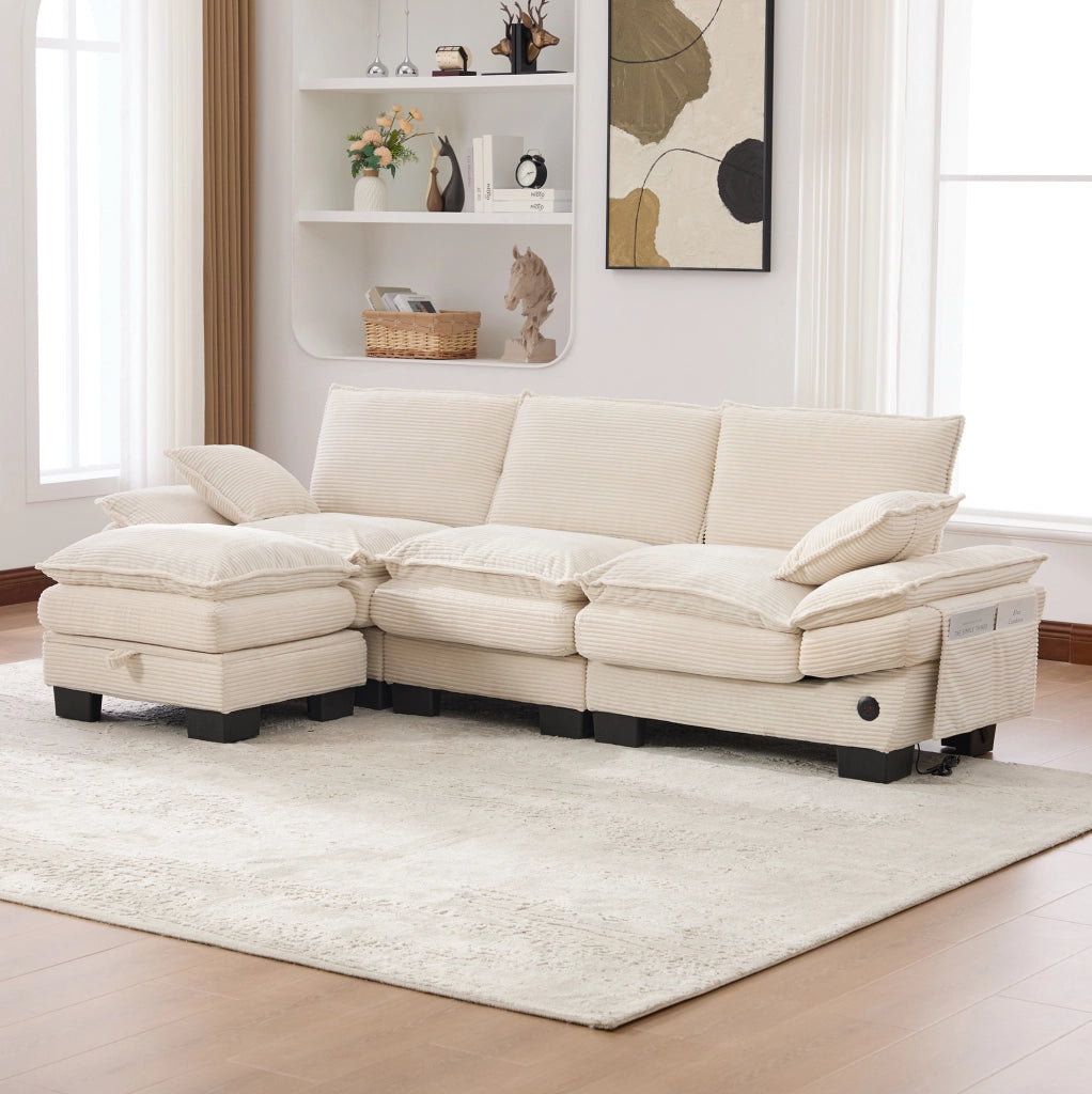 Divano modulare 3 posti con pouf in velluto a coste beige