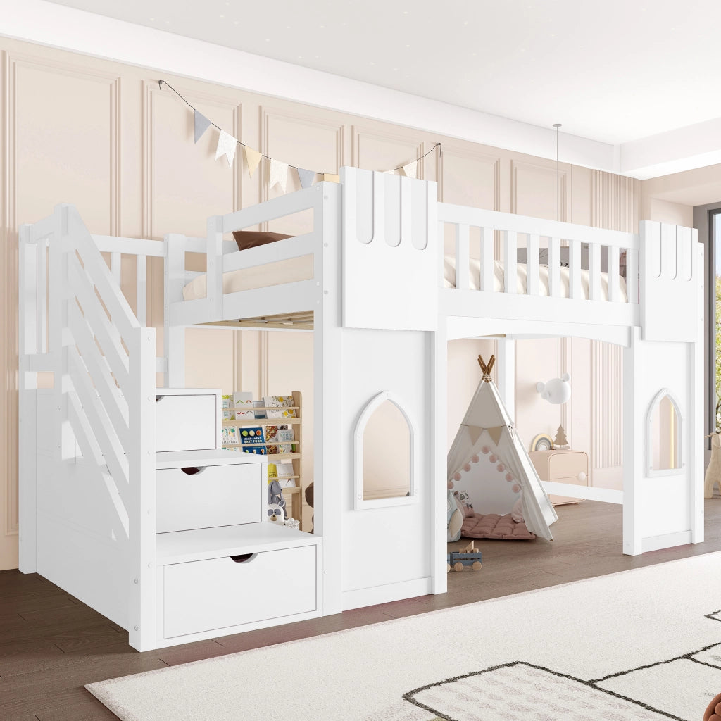 LETTO A CASTELLO con scala contenitore e finestre 90 x 200 cm bianco
