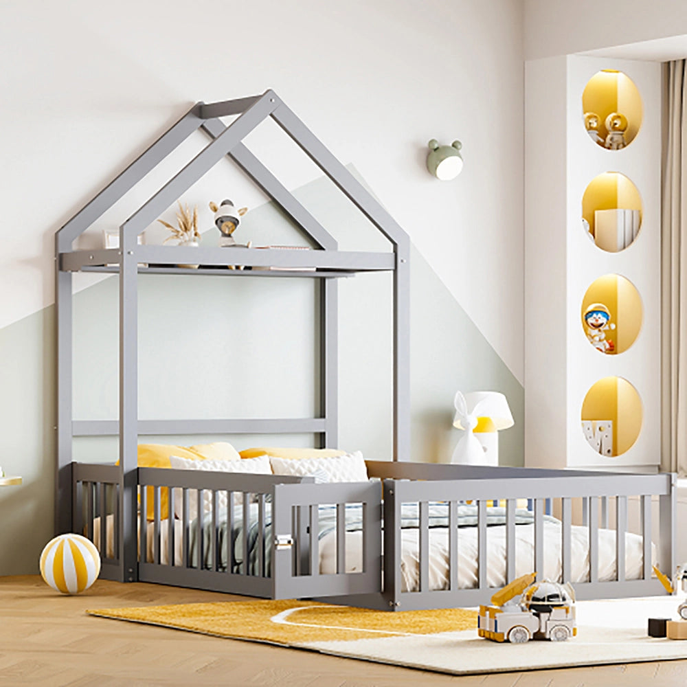 Letto singolo per bambini con contenitore - Xylo - 90x200 cm - Grigio - Protezione completa porte e rete