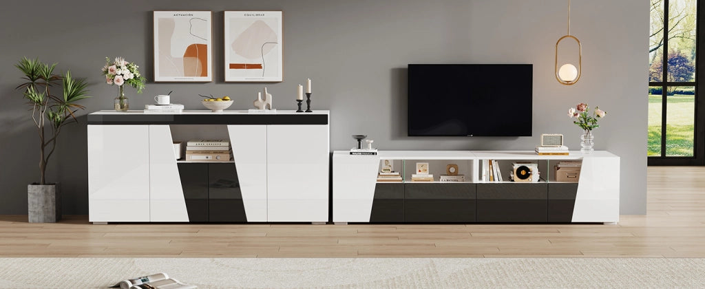 Mobile TV con LED e sideboard bianco e nero in MDF; 180 cm e 140 cm