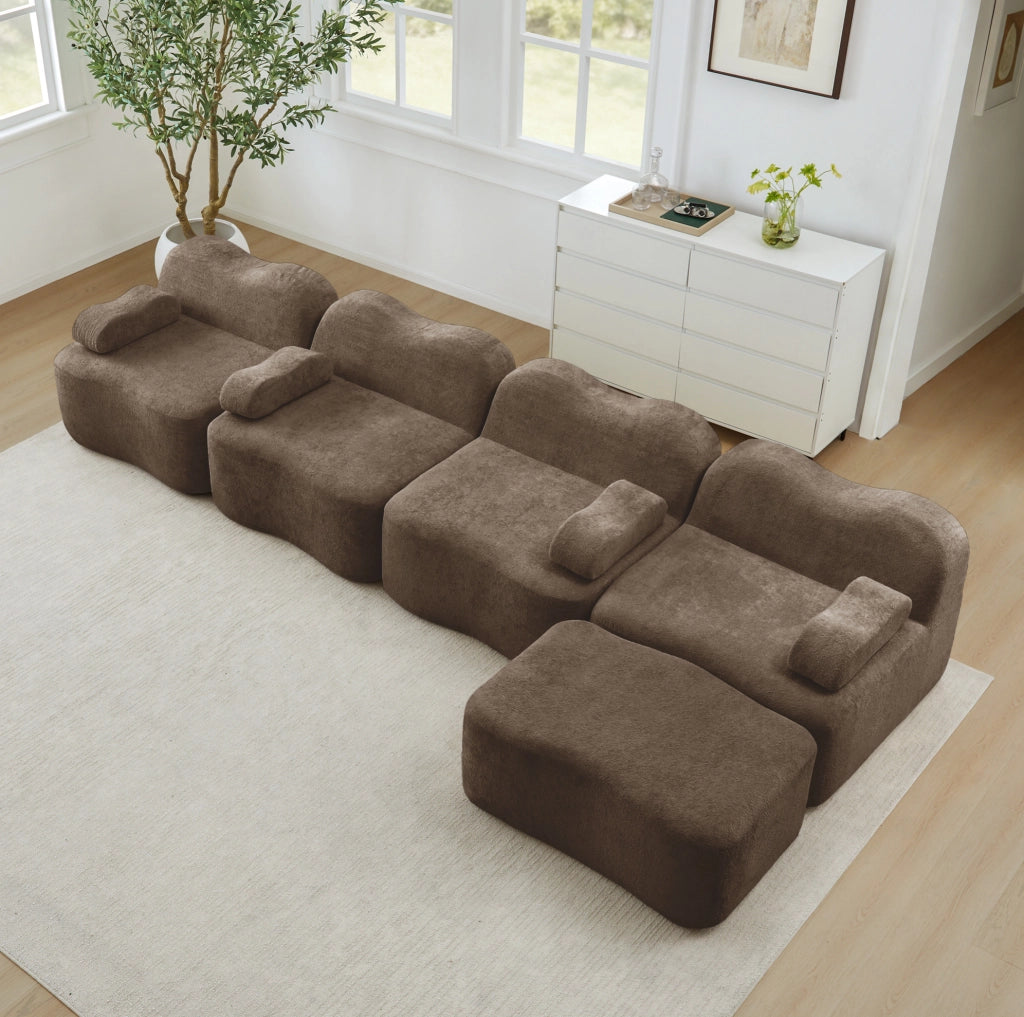 Divano modulare angolare senza struttura con pouf; velluto; marrone