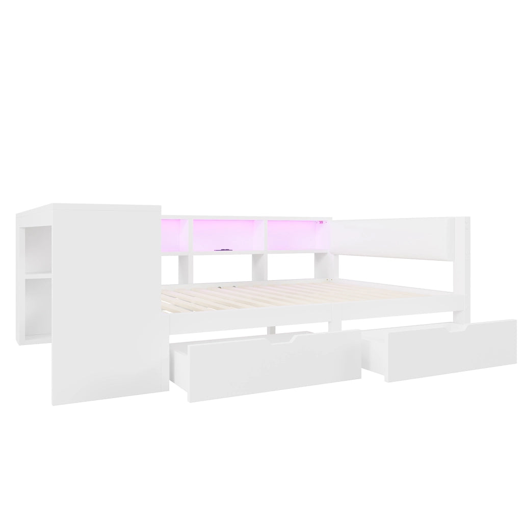 Letto a piattaforma 140x200 cm con testiera imbottita; scaffali; 2 cassetti; USB e LED; bianco