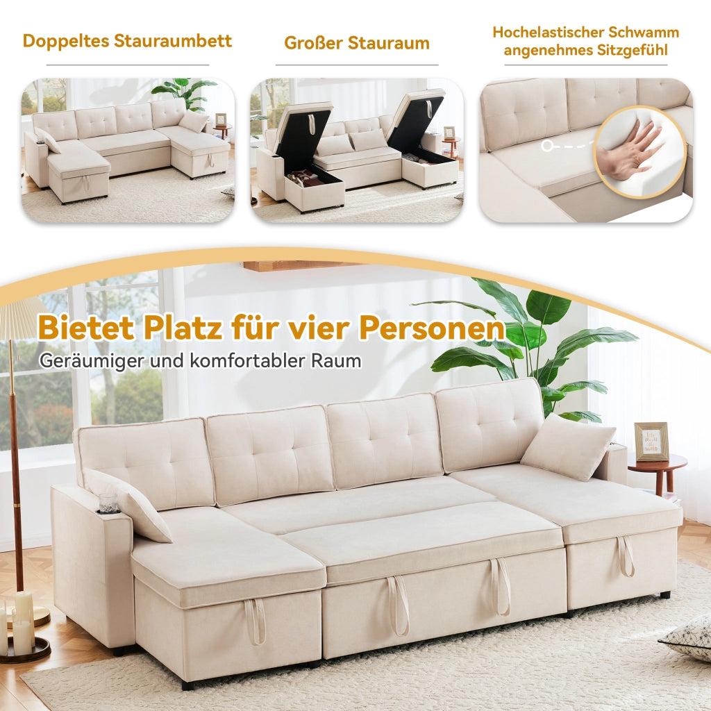 DIVANO LETTO U-forma 270 x 130 x 86 cm Beige in cotone e lino