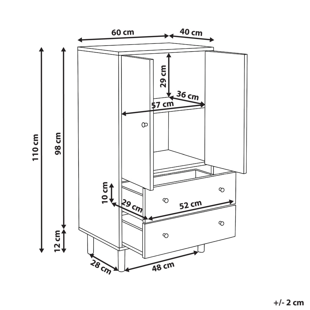 Mobile alto MDF marrone chiaro con gambe in legno di pino e 2 cassetti, design moderno