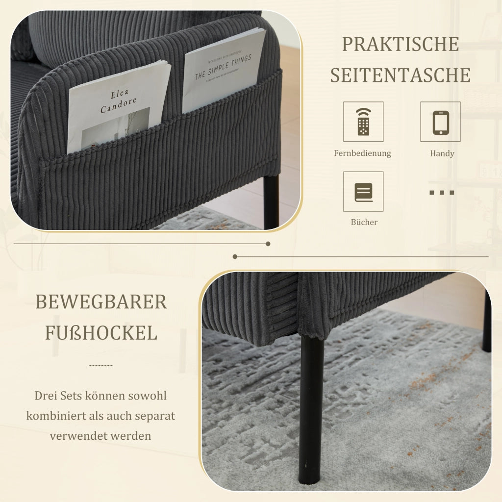 DIVANO 3 POSTI in corduroy grigio con tasche laterali